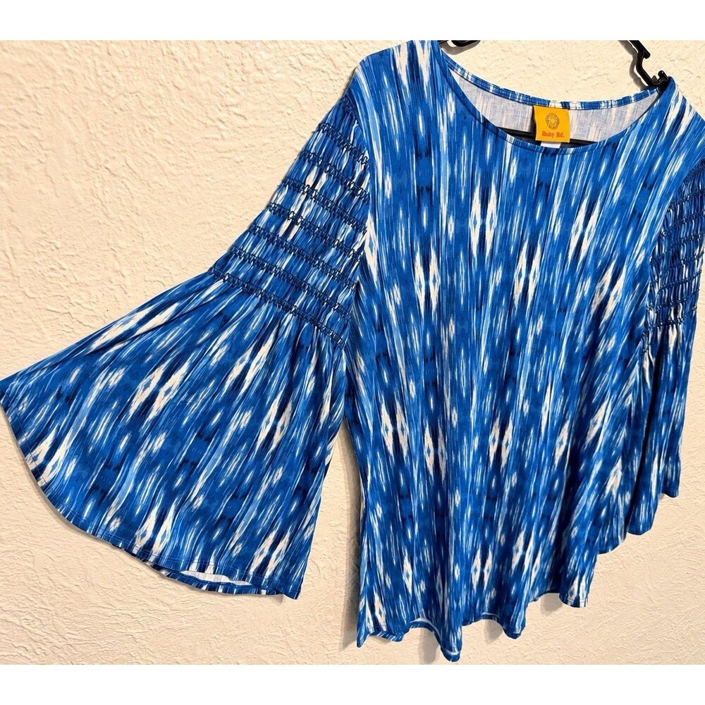 Ruby Rd. Blue White TiRuby Rd. Blue White Tie Dye Bell Sleeve Smocked Blouse Top